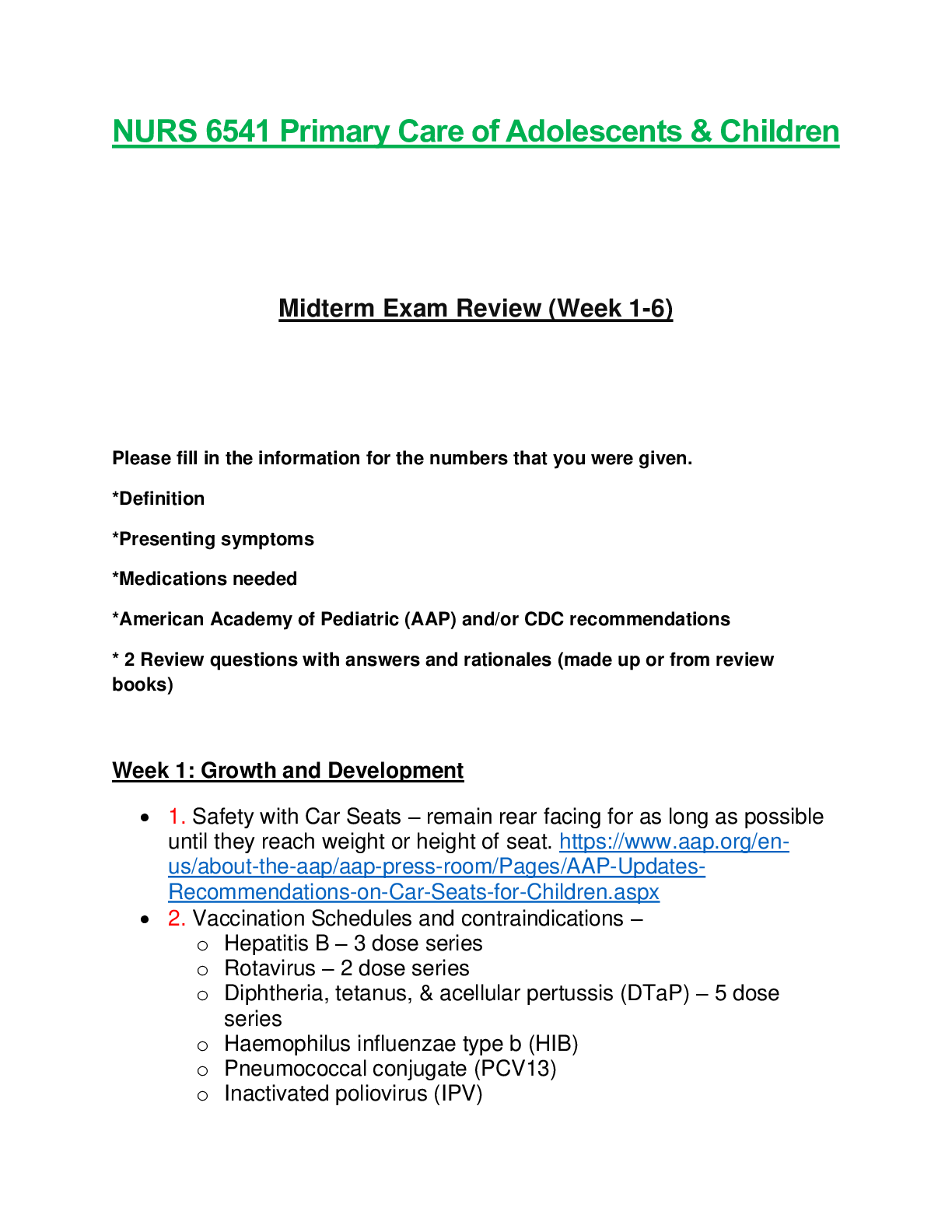 Preview of NURS6541 / NURS 6541: Primary Care of Adolescents & Children Midterm Exam Review (Week 1-6